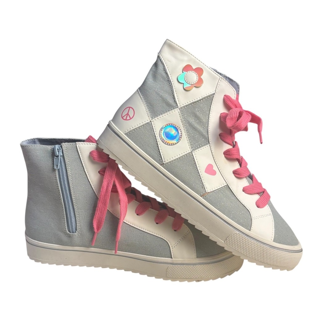 Steve‎ Madden JPatch Youth Girls High Top Sneakers Denim Multicolor Logo Size 7